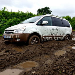 A realistic image of a white 2009 Kia Grand Carnival stuck in slimy mud