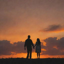 A landscape orientation of a couple standing together, holding hands, under an orange sunset sky. Centered between them are clouds forming a heart shape. On the right, a few birds can be seen flying.