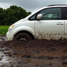 A realistic side view of a white 2009 Kia Grand Carnival stuck in slimy mud