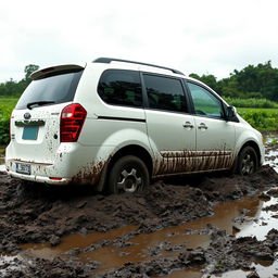 A realistic side view of a white 2009 Kia Grand Carnival stuck in slimy mud