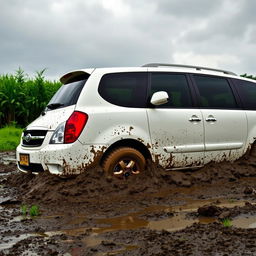 A realistic side view of a white 2009 Kia Grand Carnival stuck in slimy mud