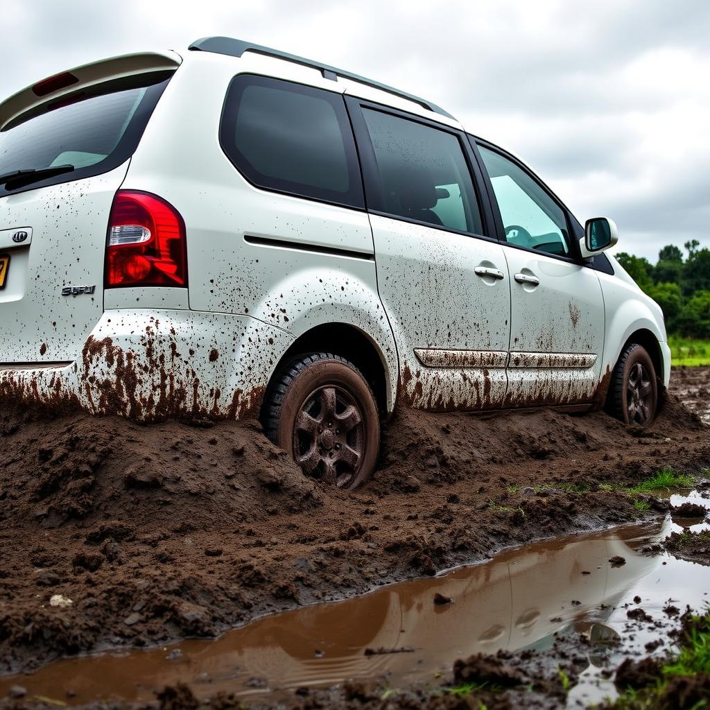 A realistic side view of a white 2009 Kia Grand Carnival stuck in slimy mud