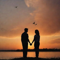 A landscape orientation of a couple standing together, holding hands, under an orange sunset sky. Centered between them are clouds forming a heart shape. On the right, a few birds can be seen flying.