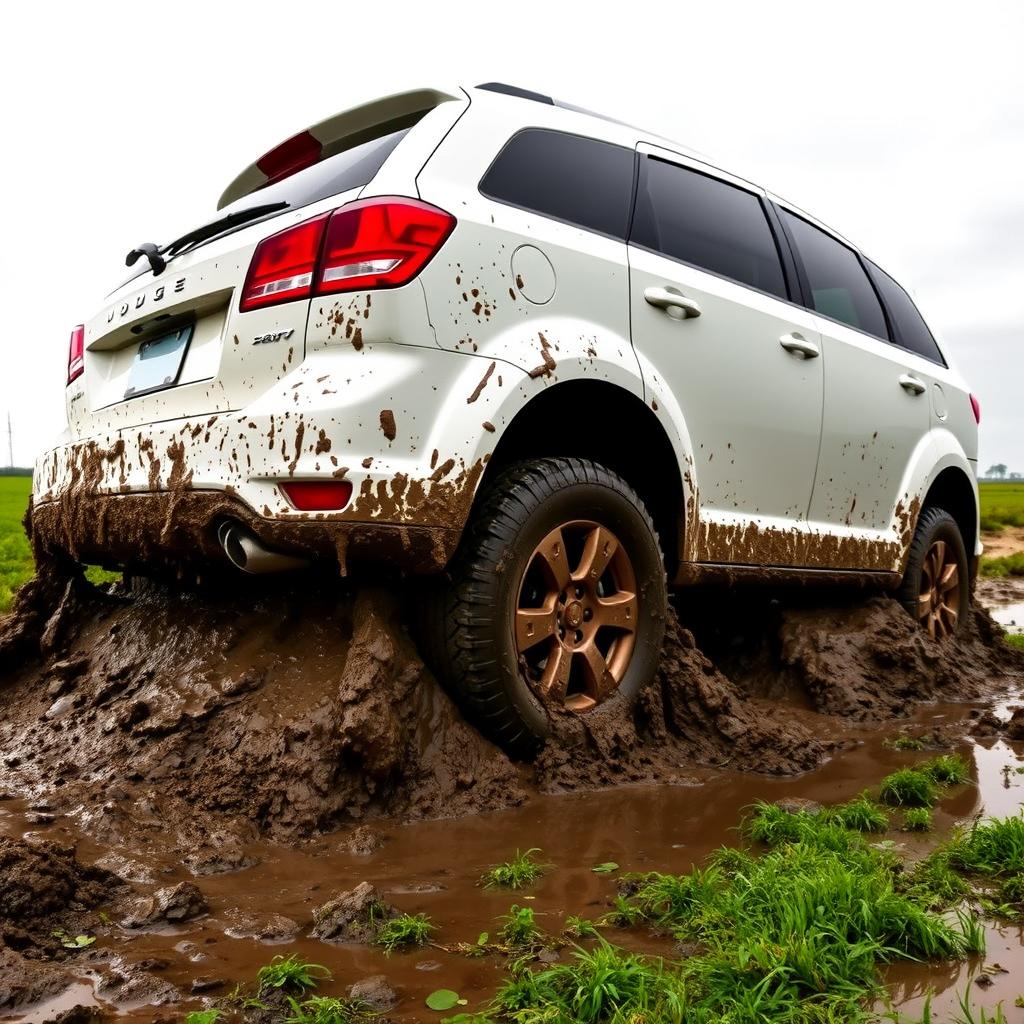 A realistic side view of a white Dodge Journey stuck in slimy mud