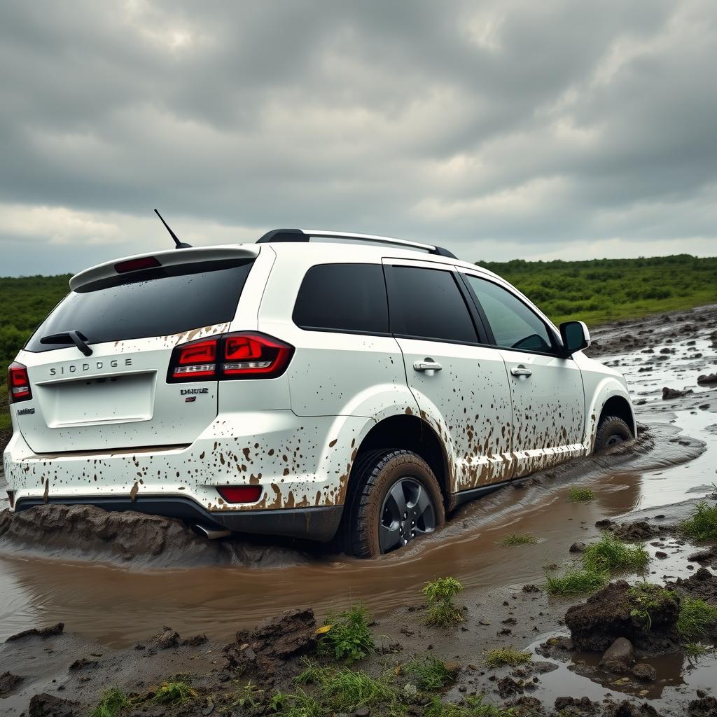 A realistic side view of a white Dodge Journey stuck in slimy mud