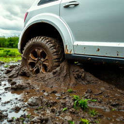 A realistic side view of a white Dodge Journey stuck in slimy mud