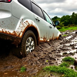 A realistic side view of a white Dodge Journey stuck in slimy mud