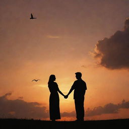 A landscape orientation of a couple standing together, holding hands, under an orange sunset sky. Centered between them are clouds forming a heart shape. On the right, a few birds can be seen flying.