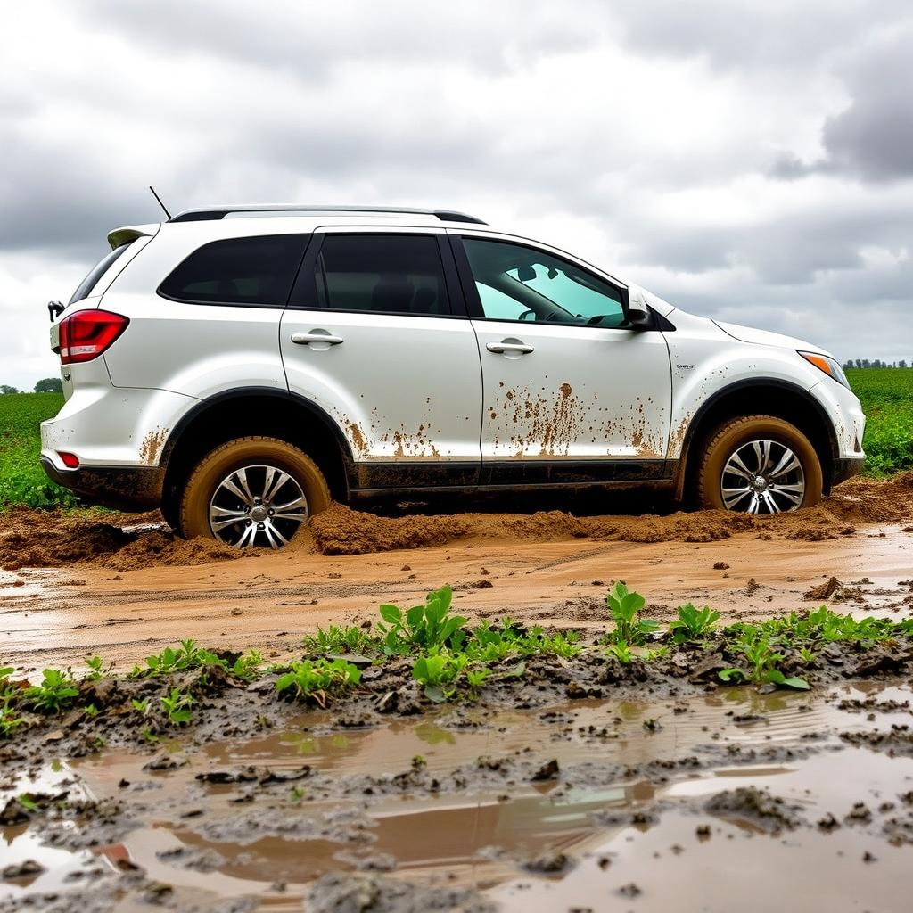 A realistic side view of a white Dodge Journey stuck in soft mud