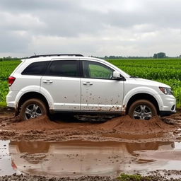 A realistic side view of a white Dodge Journey stuck in soft mud