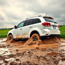 A realistic side view of a white Dodge Journey stuck in soft mud