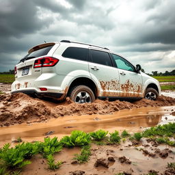 A realistic side view of a white Dodge Journey stuck in soft mud