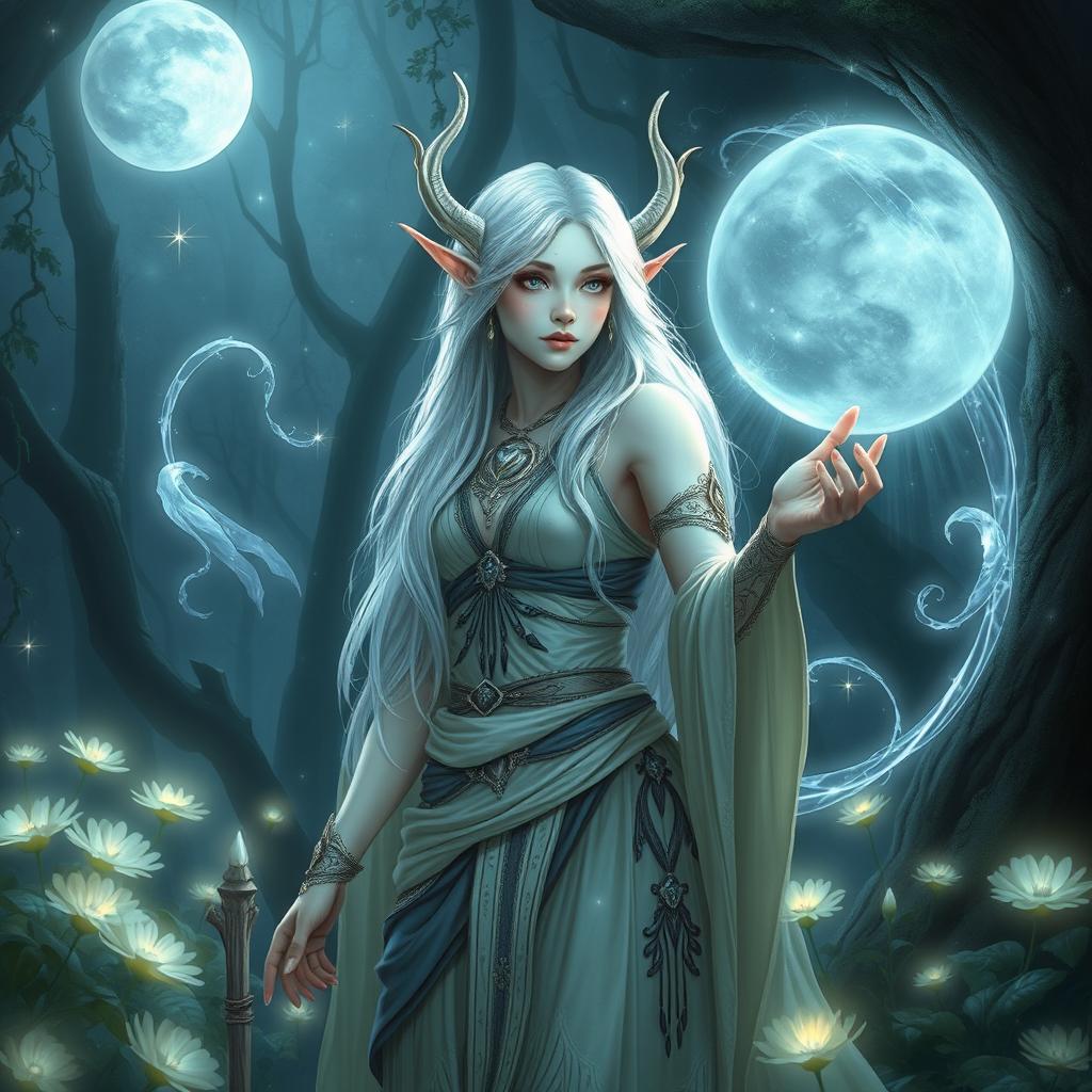 A moon elf arch druid, embodying ethereal elegance and mystical power