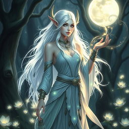 A moon elf arch druid, embodying ethereal elegance and mystical power