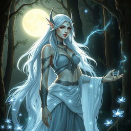 A moon elf arch druid, embodying ethereal elegance and mystical power