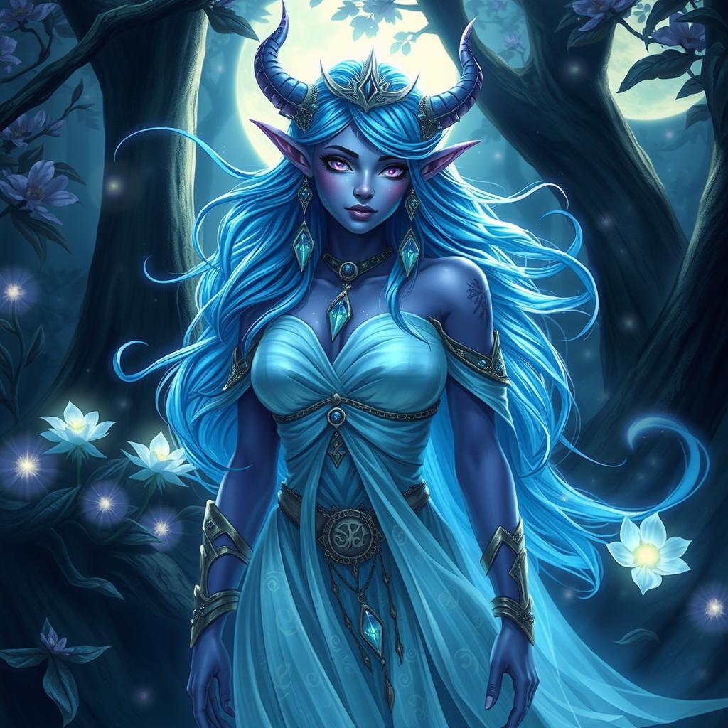 A moon elf arch druid with striking purple skin and flowing blue hair