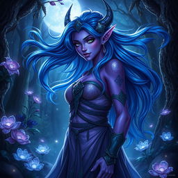 A moon elf arch druid with striking purple skin and flowing blue hair