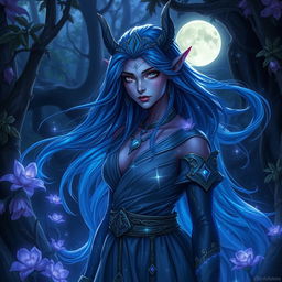 A moon elf arch druid with striking purple skin and flowing blue hair