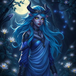 A moon elf arch druid with striking purple skin and flowing blue hair