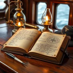 A leather-bound captain's logbook open on a wooden ship captain's desk