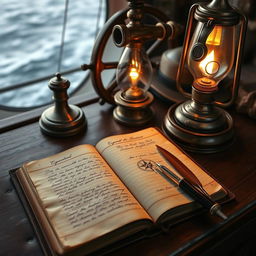 A leather-bound captain's logbook open on a wooden ship captain's desk