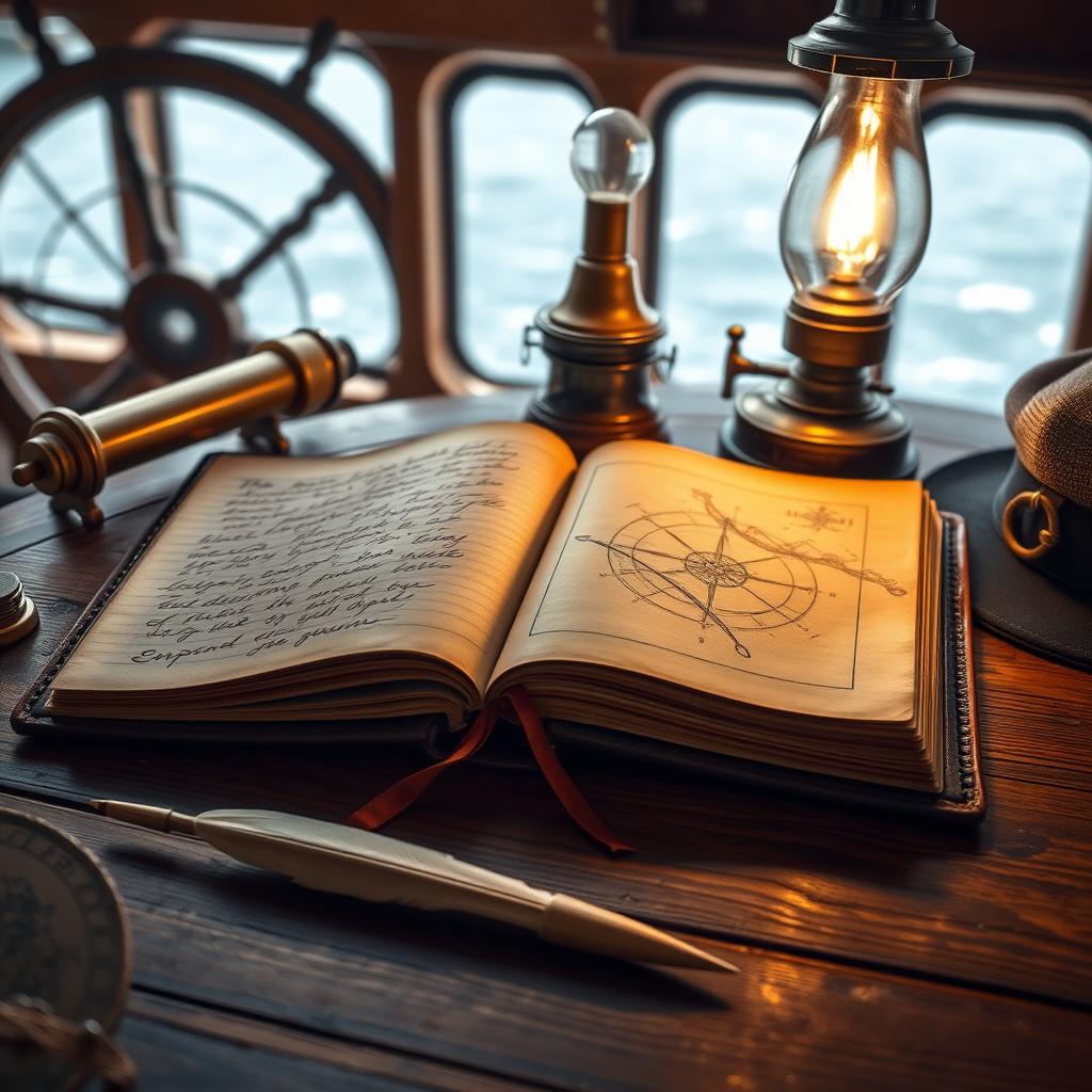 A leather-bound captain's logbook open on a wooden ship captain's desk