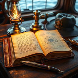 A leather-bound captain's logbook open on a wooden ship captain's desk