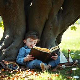 A peaceful scene featuring a young boy peacefully sleeping under a large, ancient oak tree