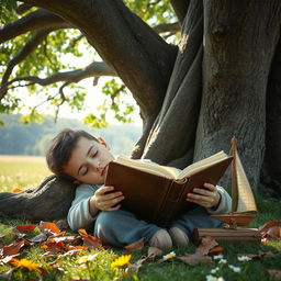 A peaceful scene featuring a young boy peacefully sleeping under a large, ancient oak tree