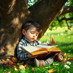 A peaceful scene featuring a young boy peacefully sleeping under a large, ancient oak tree