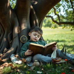 A peaceful scene featuring a young boy peacefully sleeping under a large, ancient oak tree