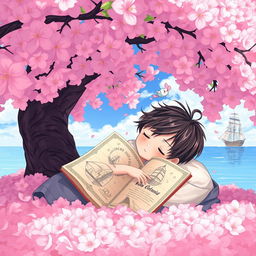 An anime-style scene depicting a young boy with tousled hair peacefully sleeping beneath a large, lush cherry blossom tree