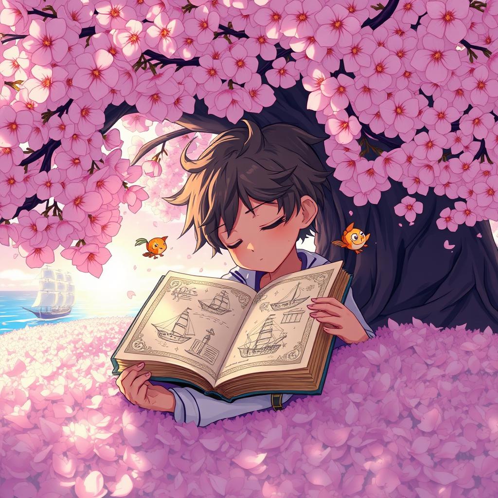 An anime-style scene depicting a young boy with tousled hair peacefully sleeping beneath a large, lush cherry blossom tree