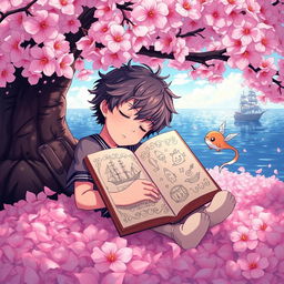 An anime-style scene depicting a young boy with tousled hair peacefully sleeping beneath a large, lush cherry blossom tree