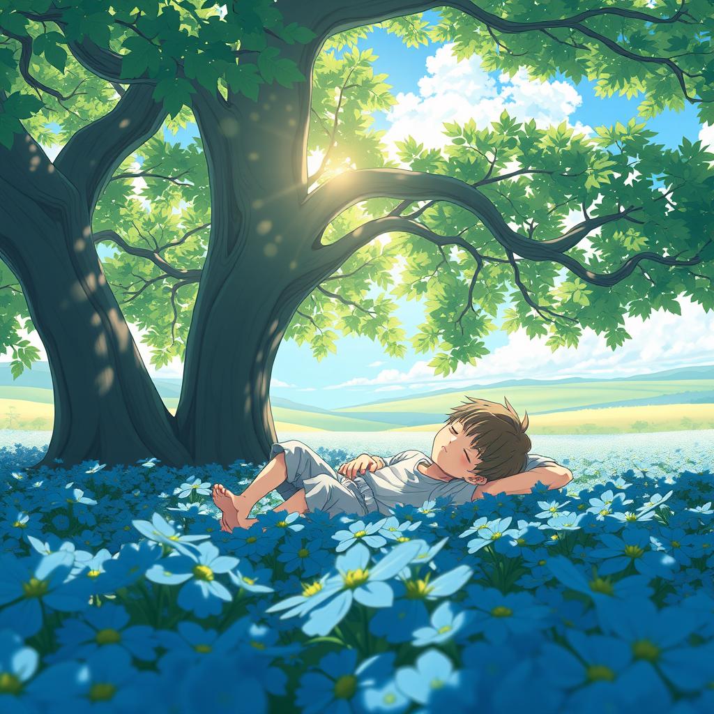 An anime-style scene illustrating a young boy sleeping beneath a towering, leafy tree in the middle of a vibrant field of blue flowers