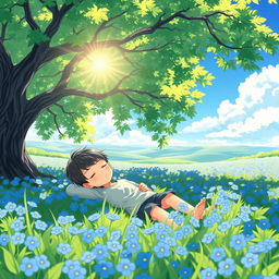 An anime-style scene illustrating a young boy sleeping beneath a towering, leafy tree in the middle of a vibrant field of blue flowers