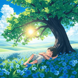 An anime-style scene illustrating a young boy sleeping beneath a towering, leafy tree in the middle of a vibrant field of blue flowers