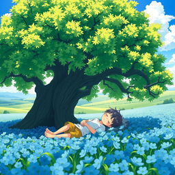 An anime-style scene illustrating a young boy sleeping beneath a towering, leafy tree in the middle of a vibrant field of blue flowers