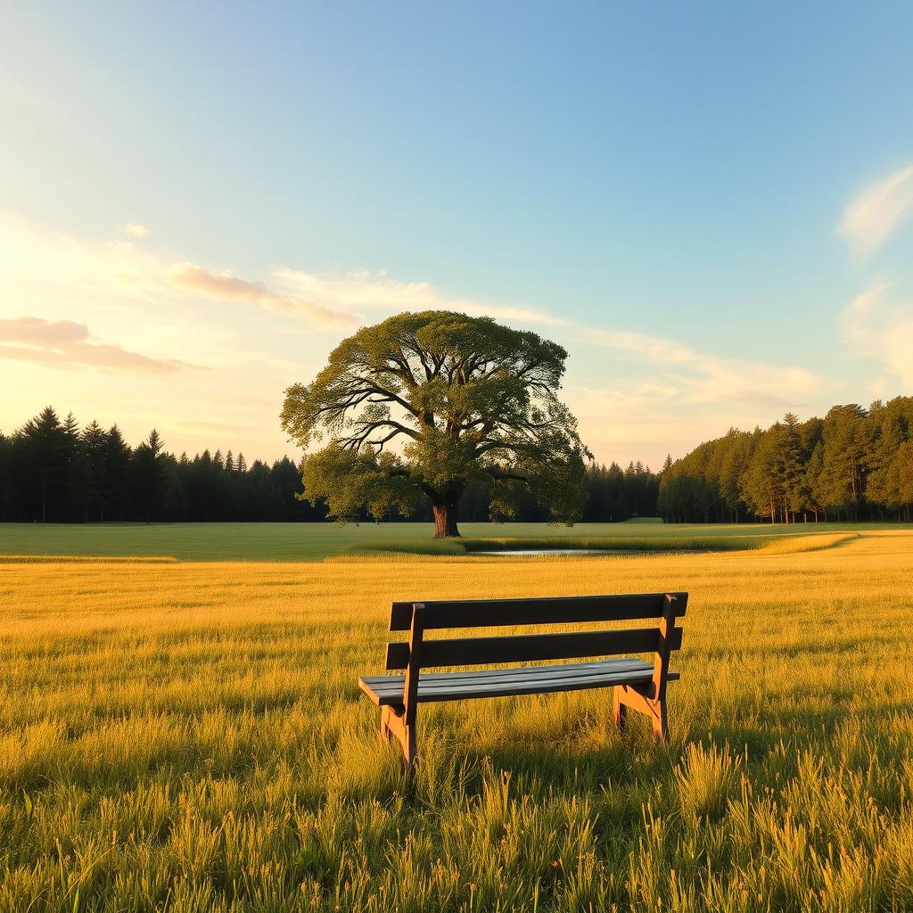 A serene landscape with a peaceful atmosphere, featuring a wide-open field bordered by tall trees, a clear blue sky with soft, fluffy clouds drifting by, and gentle sunlight casting warm, golden hues across the grass