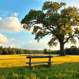 A serene landscape with a peaceful atmosphere, featuring a wide-open field bordered by tall trees, a clear blue sky with soft, fluffy clouds drifting by, and gentle sunlight casting warm, golden hues across the grass