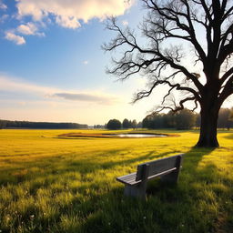 A serene landscape with a peaceful atmosphere, featuring a wide-open field bordered by tall trees, a clear blue sky with soft, fluffy clouds drifting by, and gentle sunlight casting warm, golden hues across the grass