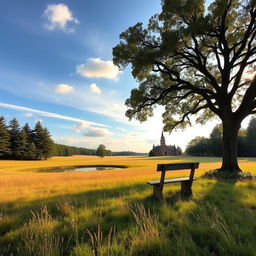 A serene landscape with a peaceful atmosphere, featuring a wide-open field bordered by tall trees, a clear blue sky with soft, fluffy clouds drifting by, and gentle sunlight casting warm, golden hues across the grass