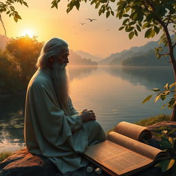 A mystical, serene landscape depicting a philosopher deep in thought by the edge of a tranquil lake during a quiet sunset