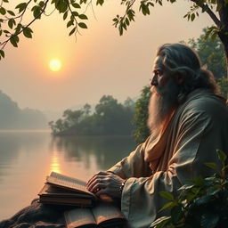 A mystical, serene landscape depicting a philosopher deep in thought by the edge of a tranquil lake during a quiet sunset