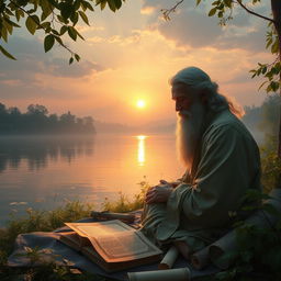 A mystical, serene landscape depicting a philosopher deep in thought by the edge of a tranquil lake during a quiet sunset