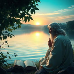 A mystical, serene landscape depicting a philosopher deep in thought by the edge of a tranquil lake during a quiet sunset