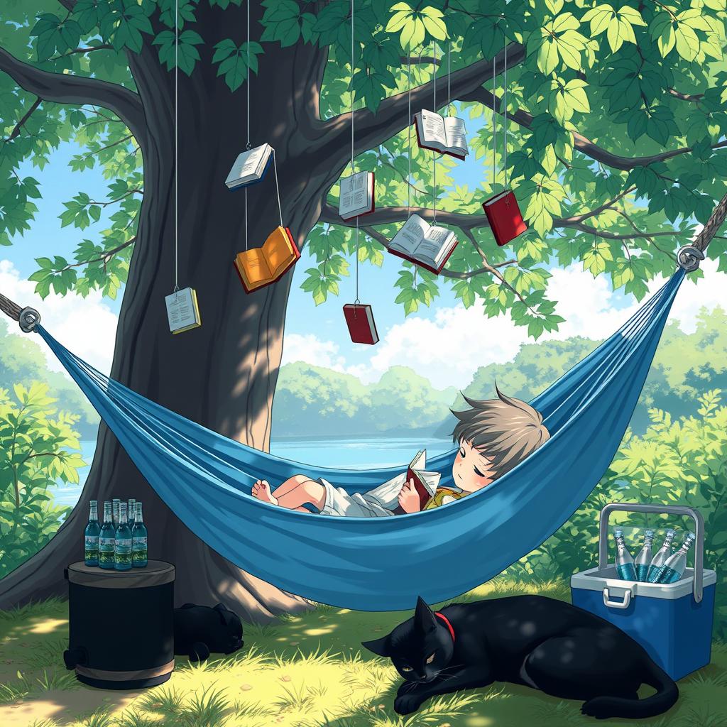 An enchanting and serene anime scene depicting a child lying comfortably in a blue hammock under the shade of a large, leafy tree on a sunny day