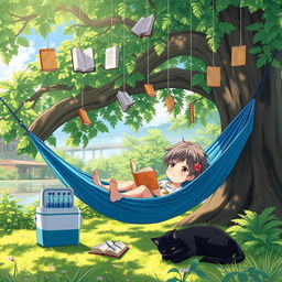 An enchanting and serene anime scene depicting a child lying comfortably in a blue hammock under the shade of a large, leafy tree on a sunny day