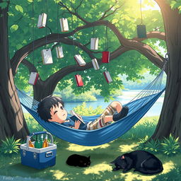 An enchanting and serene anime scene depicting a child lying comfortably in a blue hammock under the shade of a large, leafy tree on a sunny day