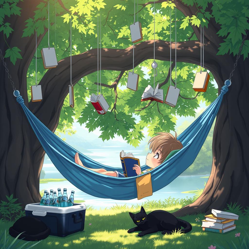 An enchanting and serene anime scene depicting a child lying comfortably in a blue hammock under the shade of a large, leafy tree on a sunny day